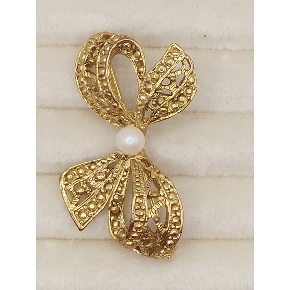 Vintage Gold Tone Ribbon Bow Brooch Faux Pearl Filigree Openwork Romantic MCM - Picture 5 of 10
